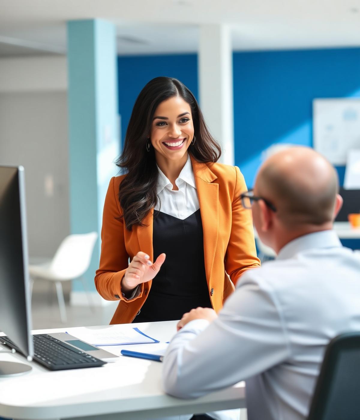 Consultora da Prime Corretora atendendo um cliente em escritório corporativo